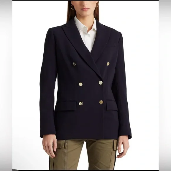 NWT Lauren Ralph Lauren Navy Double-Breasted Wool Crepe Blazer size 16 - Picture 2 of 12